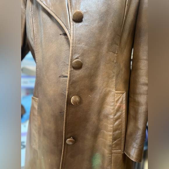 Vintage Leather Coat, Tan Mid Length Button Front, Womens Sz M - Picture 6 of 12